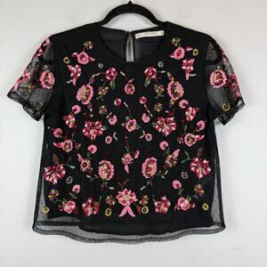 Zara Black Sheer Embroidered Floral Short Sleeve Top with Pink Accents